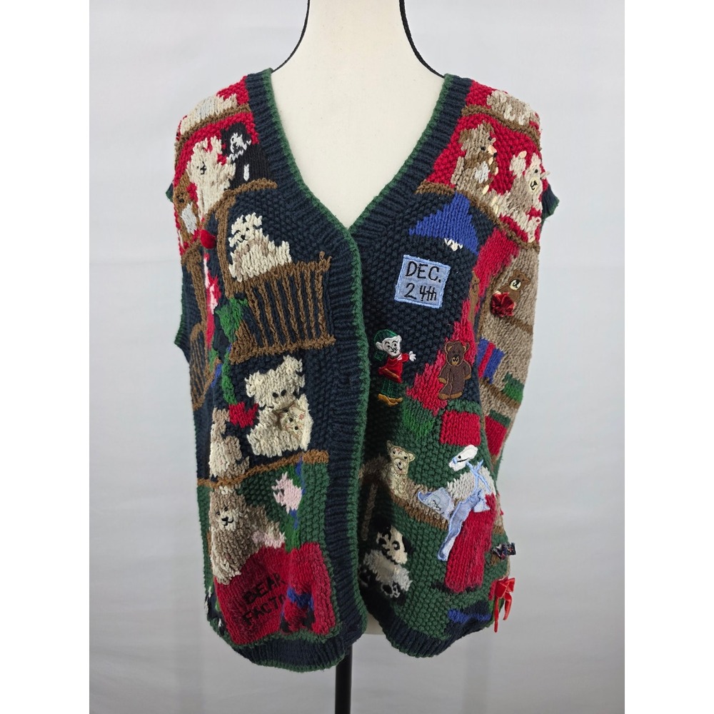 Heirloom Handknit Christmas Sweater Vest XL Teddy Bear Santa Reindeer Vintage